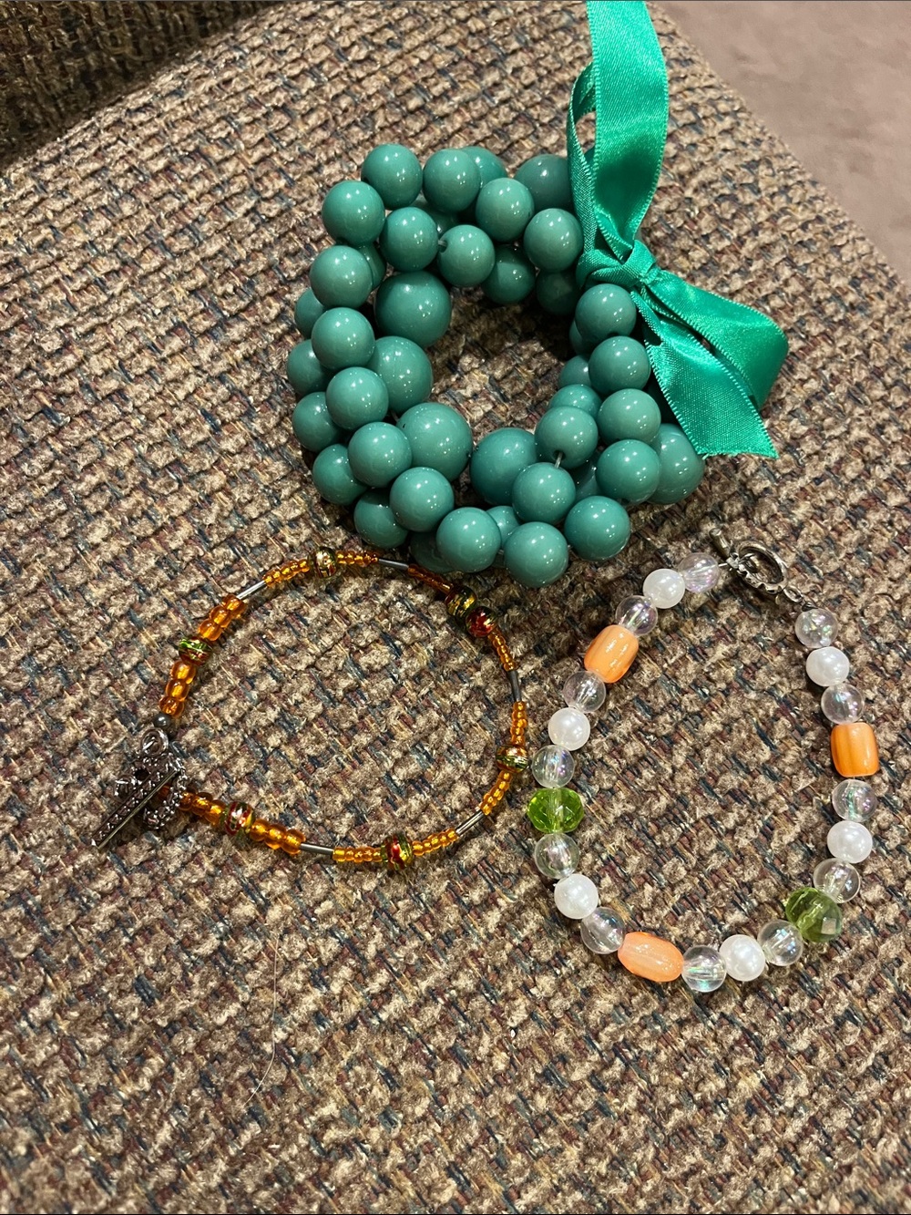 bracelet bundle green bead (vintage), orange artisan bead bracelet & multicolor